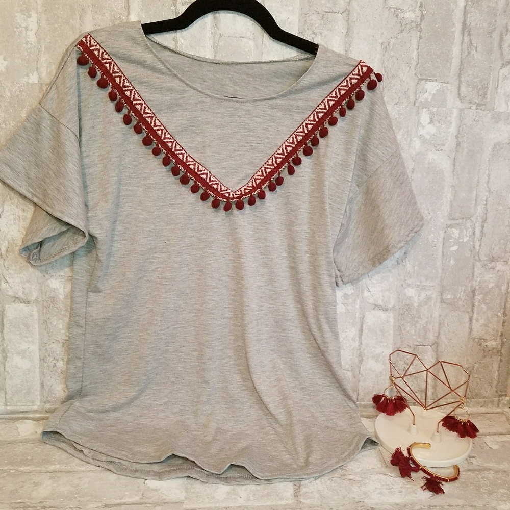 Grey Blouse With Pom Pom Fringe Detail